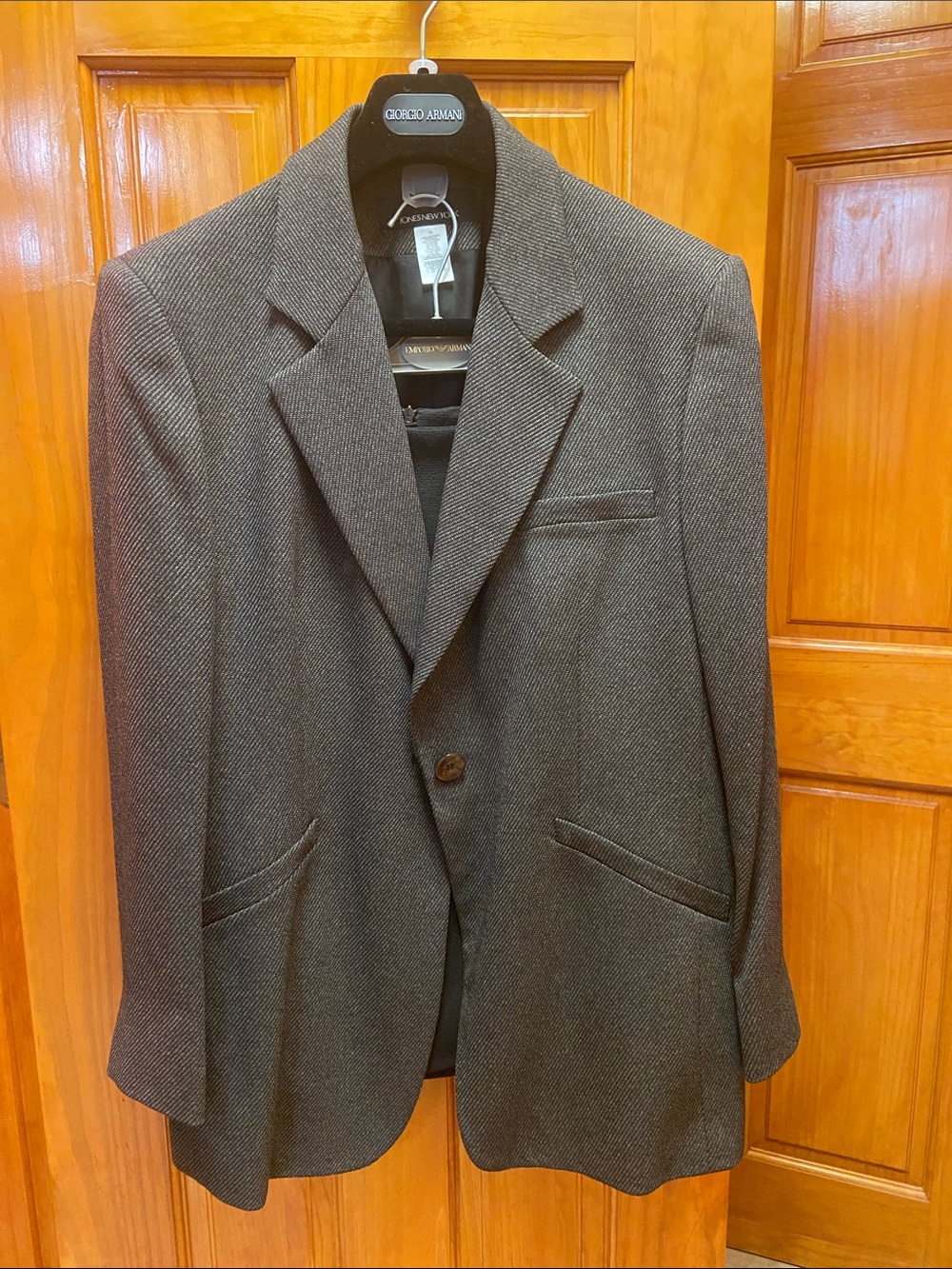 Jones New York Charcoal Gray Herringbone Sport Coat and skirt.